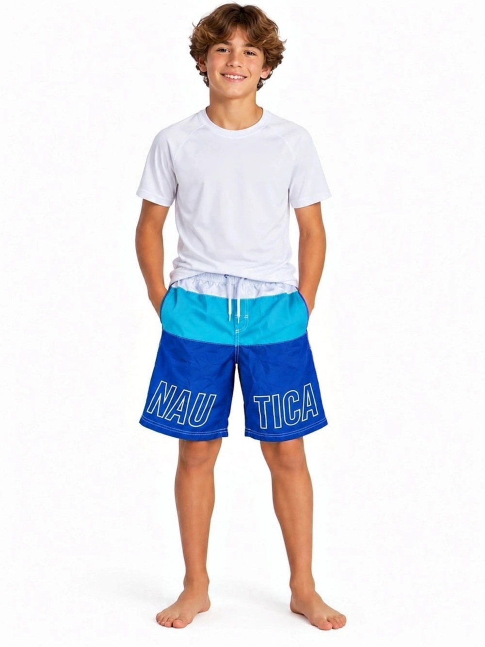 NAUTICA Boys Blue Colorblock Logo Swim Trunks Size L 14-16